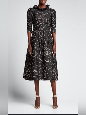 RICKIE FREEMAN FOR TERI JON Rose Jacquard Ruffle-Neck Midi Dress EUC